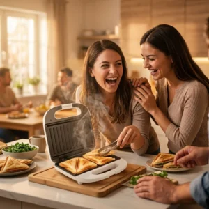 Sándwichera de 2 puestos en funcionamiento preparando sándwiches con sellado triangular para un desayuno grupal rápido y fácil.
