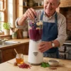 Hombre añadiendo arándanos y banana a una licuadora Vita-Blend para preparar un smoothie saludable con semillas de chía.
