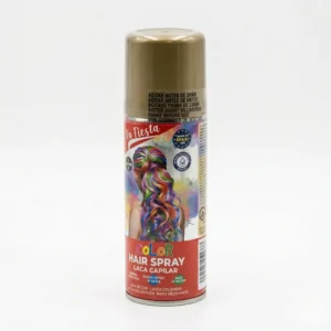 Bote de spray de color oro para pelo con etiqueta informativa, fabricado en España y dermatológicamente testado.