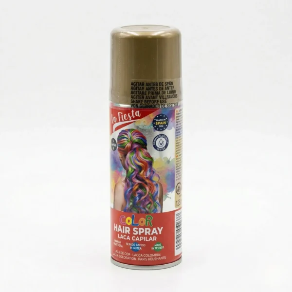 Bote de spray de color oro para pelo con etiqueta informativa, fabricado en España y dermatológicamente testado.
