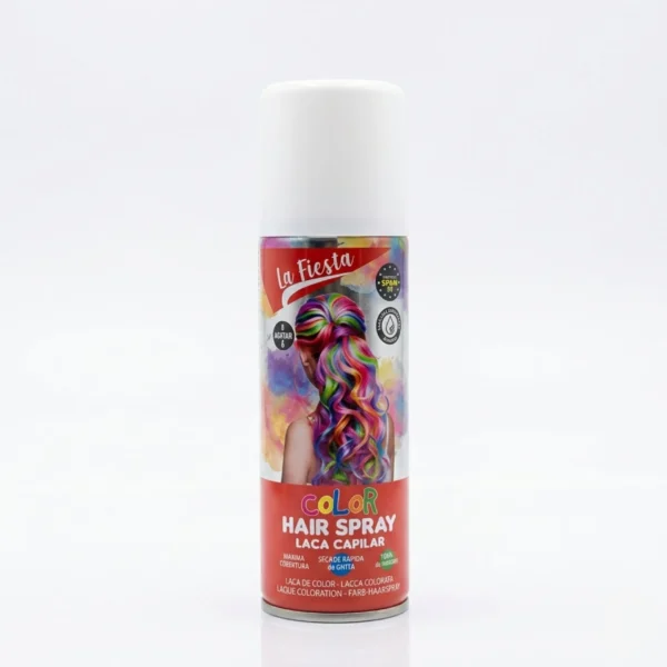 Bote de spray color blanco para el pelo marca La Fiesta, laca capilar temporal lavable para disfraces y eventos.