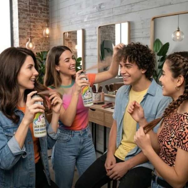 Grupo de jóvenes en una peluquería usando laca de color marrón y spray temporal para peinados creativos y divertidos.
