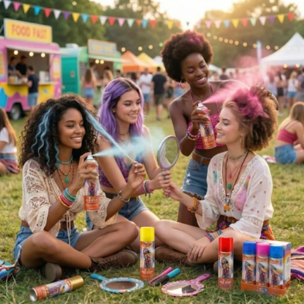 Grupo de amigas en un festival de música aplicándose sprays de colores (azul, rosa, púrpura) en el cabello para un look de fiesta creativo.