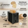 Tostadora de pan eléctrica ExtraHouse de 700W color negro con dos ranuras anchas de 30mm para pan rústico, selector de 7 niveles de tostado y bandeja recogemigas extraíble.