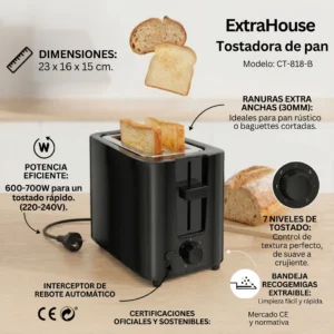 Tostadora de pan eléctrica ExtraHouse de 700W color negro con dos ranuras anchas de 30mm para pan rústico, selector de 7 niveles de tostado y bandeja recogemigas extraíble.