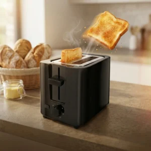 Tostadora de pan negra de 700W marca ExtraHouse con dos rebanadas de pan tostado saltando mediante el sistema de rebote automático.