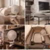 Collage que muestra el ventilador de clip DVtec utilizado en una mesita de noche, un escritorio de PC, una estantería de libros y dentro de una tienda de campaña.