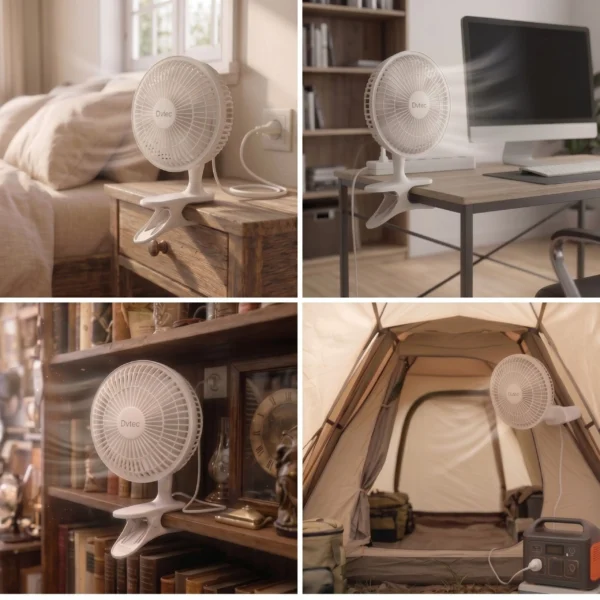 Collage que muestra el ventilador de clip DVtec utilizado en una mesita de noche, un escritorio de PC, una estantería de libros y dentro de una tienda de campaña.
