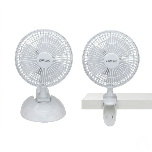 Comparativa del ventilador DVtec de 6 pulgadas mostrado en sus dos modos: con base estable para mesa y con clip robusto para sujeción en bordes.