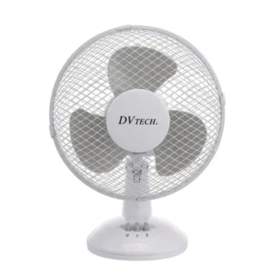 Ventilador de mesa silencioso marca DVTECH en color blanco con rejilla de seguridad y 2 velocidades para escritorio.