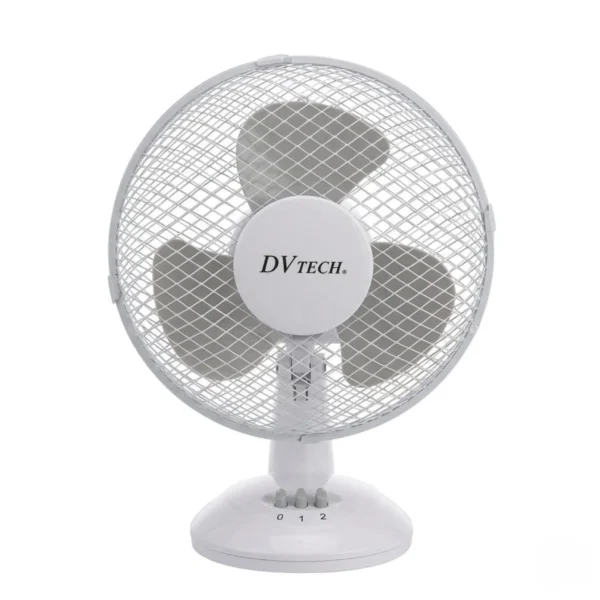 Ventilador de mesa silencioso marca DVTECH en color blanco con rejilla de seguridad y 2 velocidades para escritorio.