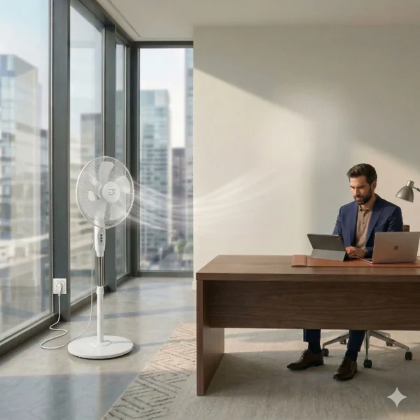 Hombre trabajando en oficina moderna con un ventilador de pie silencioso que proporciona un flujo de aire constante frente a un ventanal.