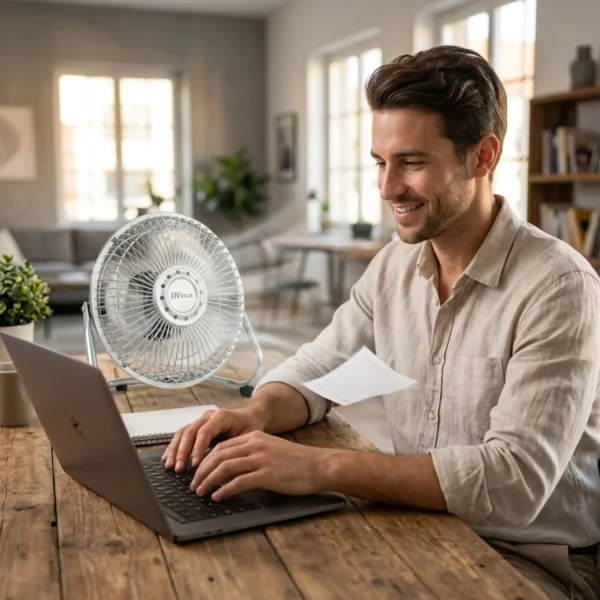 Hombre joven trabajando con un ordenador portátil y el ventilador silencioso DV TECH de 15 cm en un escritorio de madera.