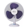 Ventilador de mesa DVTECH blanco con aspas púrpura de 3 velocidades y rejilla de seguridad para hogar u oficina.