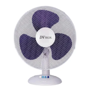 Ventilador de mesa DVTECH blanco con aspas púrpura de 3 velocidades y rejilla de seguridad para hogar u oficina.