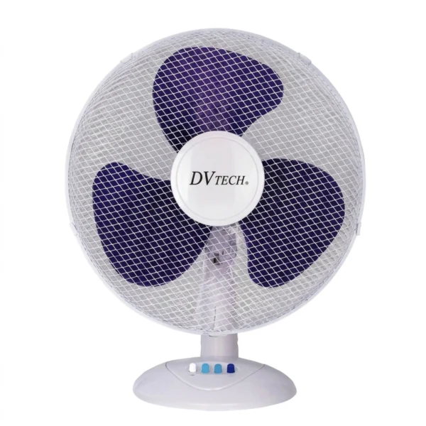 Ventilador de mesa DVTECH blanco con aspas púrpura de 3 velocidades y rejilla de seguridad para hogar u oficina.