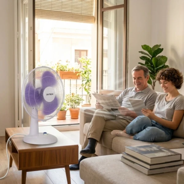 Ventilador de mesa silencioso en una sala de estar refrescando a una familia, ideal para mejorar la climatización en casa.
