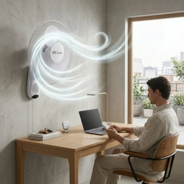 Hombre trabajando en escritorio con laptop mientras utiliza un ventilador de pared DVTECH para ahorrar espacio y mantener el ambiente fresco.