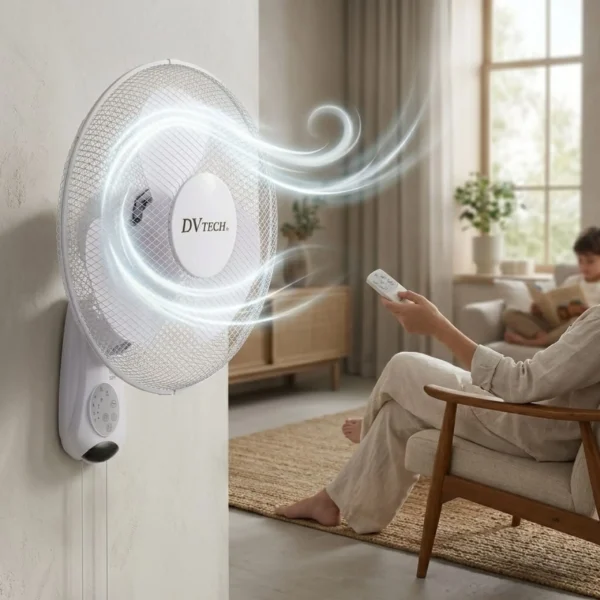 Persona sentada en la sala usando el control remoto de un ventilador de pared instalado a una altura segura, lejos del alcance de los niños.