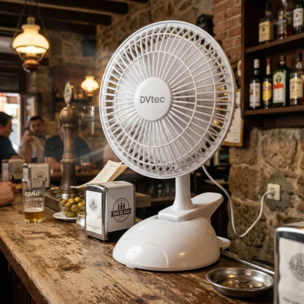 Ventilador DVtec con base circular colocado sobre una barra de bar de madera, demostrando su estabilidad y diseño compacto para hostelería.