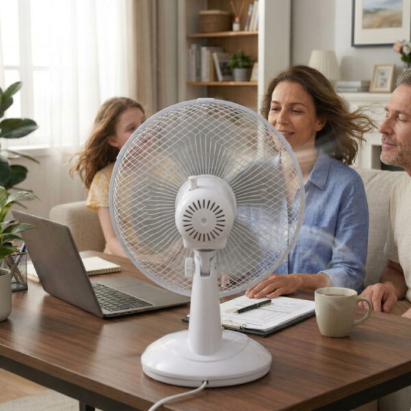 Ventilador de mesa con rejilla de malla fina de seguridad usado por una familia en el salón, destacando su diseño ligero y silencioso.