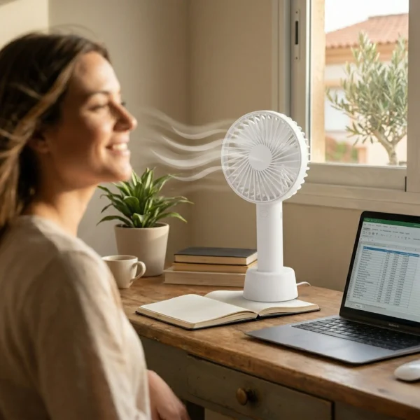 Ventilador portátil recargable color blanco con puerto USB-C y base de apoyo, diseño compacto y ligero de alta eficiencia.