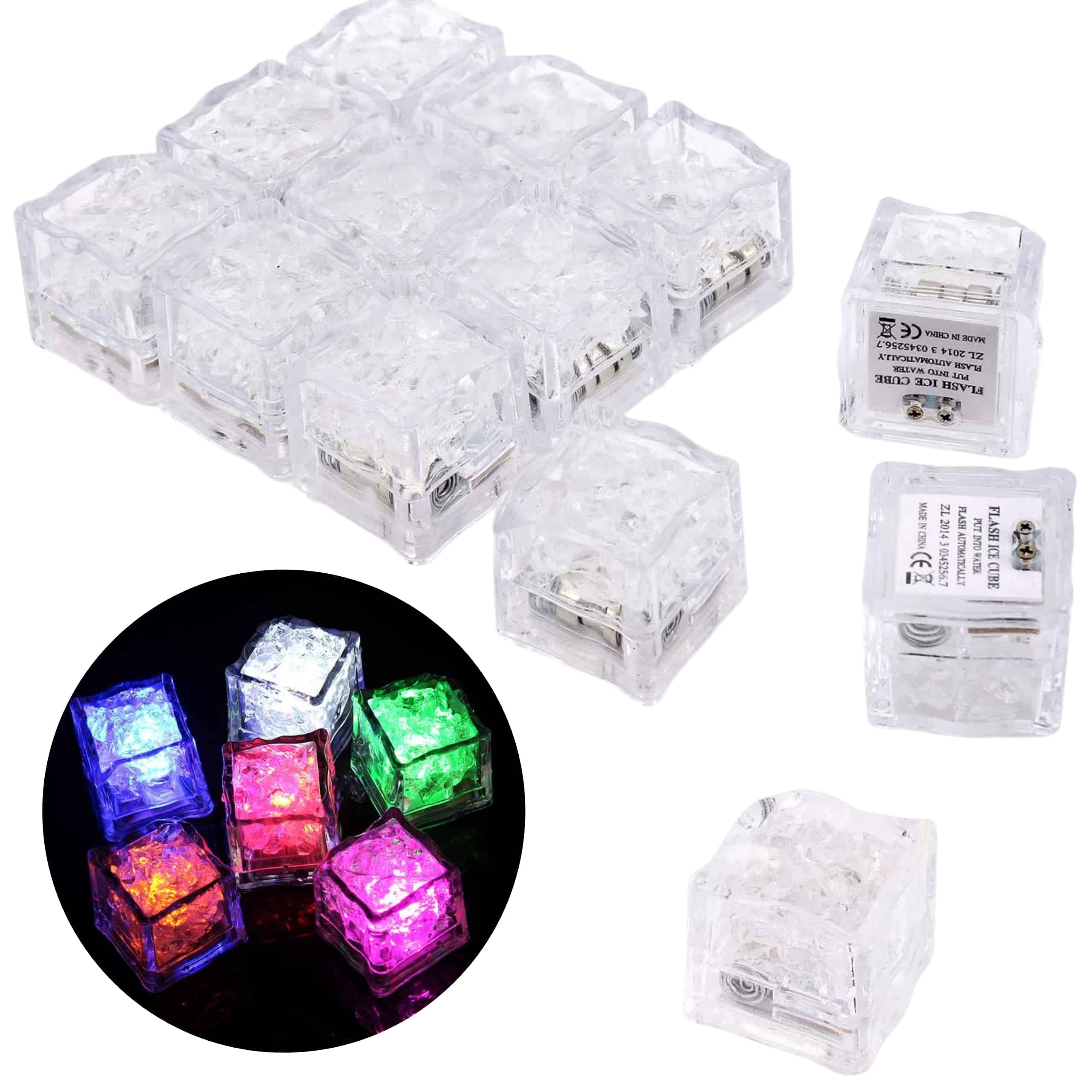 Cubitos de Hielo LED – Ilumina tus Bebidas con Estilo Cubitos de hielo LED multicolor presentados sobre fondo blanco mostrando su diseño transparente y brillante