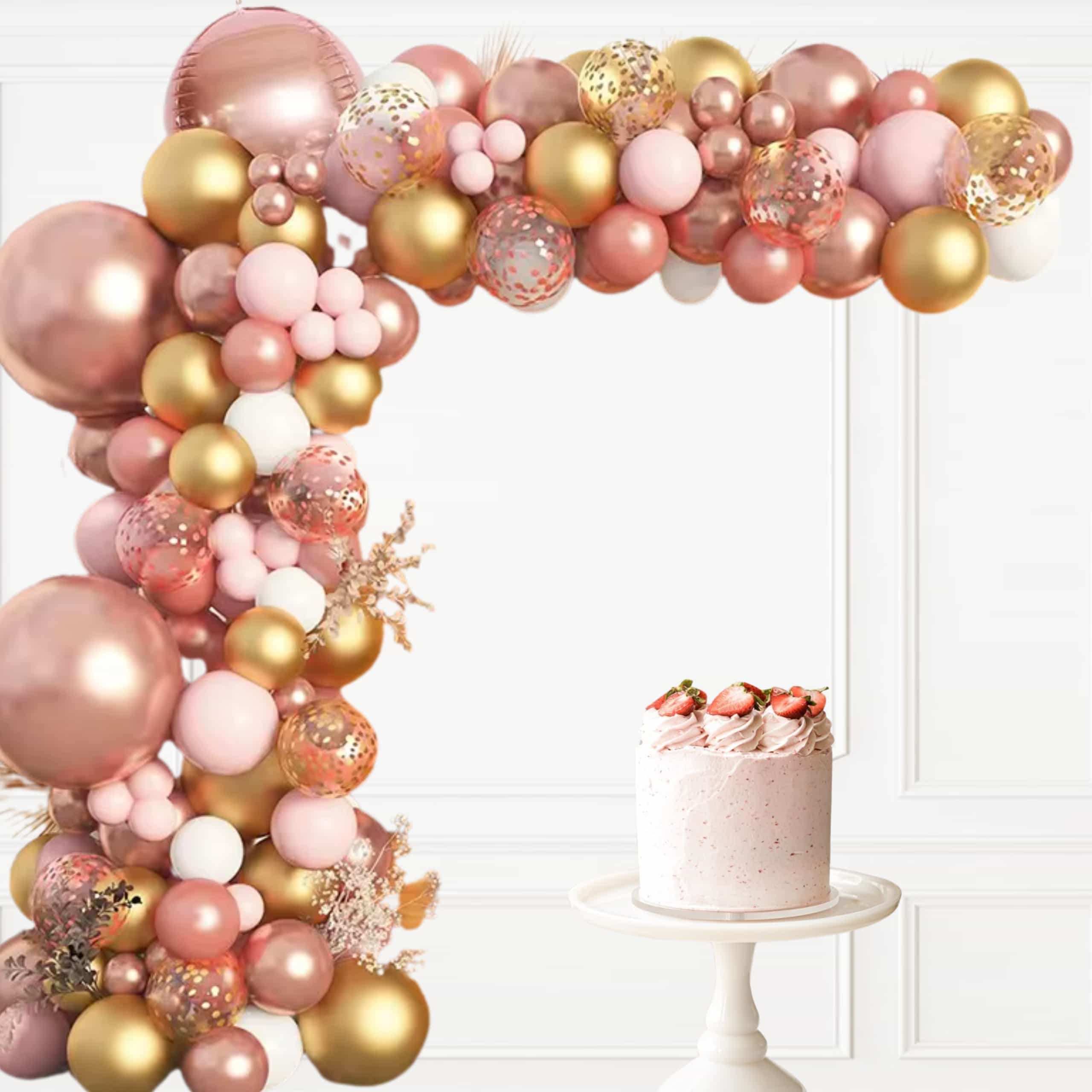 Globos Oro Rosa y Dorado – Pack 148 unidades con efecto metálico Pack de globos color oro rosa y dorado con diferentes tamaños y acabados metálicos sobre fondo blanco