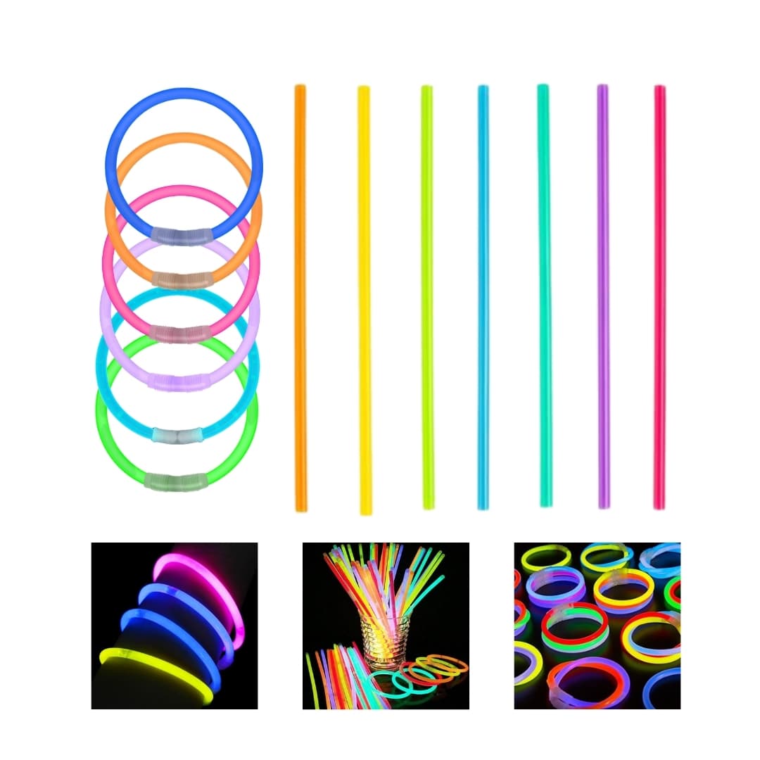 Pack GlowMaster Pro con 500 pulseras luminosas multicolor y conectores, presentado en caja sobre fondo blanco