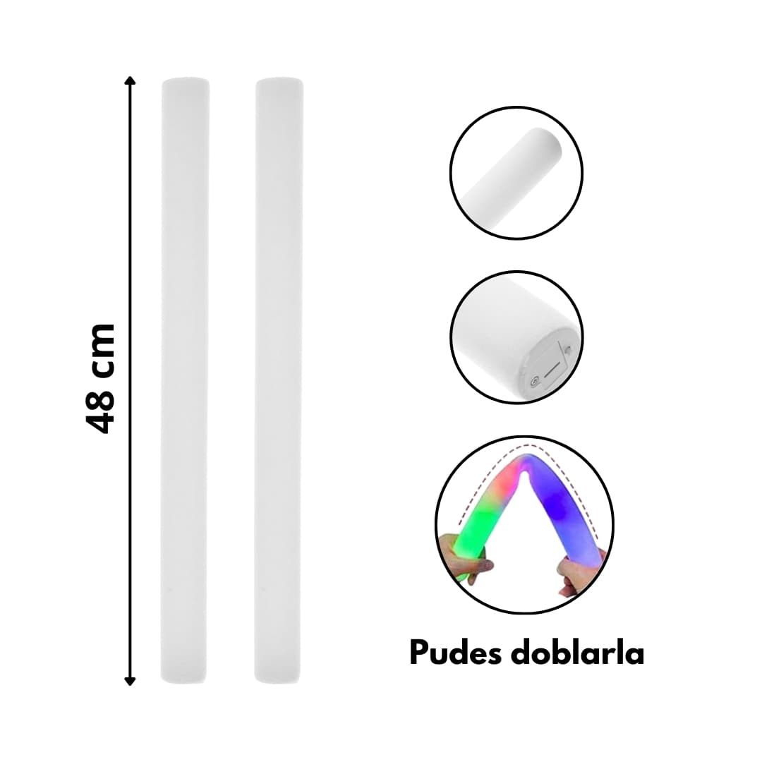 Dimensiones del producto Mega Espuma 50 – Palos de Espuma LED Medidas de los palos de espuma LED Mega Espuma 50 mostrando longitud, diámetro y estructura ligera