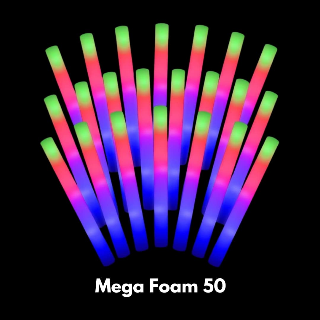Contenido del Paquete Mega Espuma 50 – 50 Palos de Espuma LED Contenido completo del paquete Mega Espuma 50 con 50 palos de espuma LED multicolor y sistema de iluminación incluido