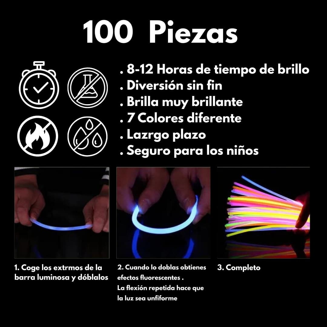 Instrucciones visuales para usar las pulseras fluorescentes Lumi Flex y conectar las barras luminosas
