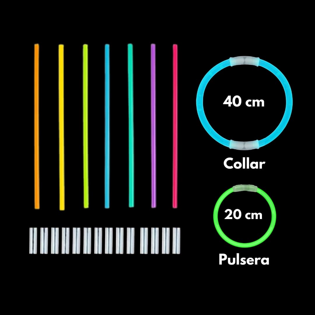Contenido completo del pack Glow Elite con 200 pulseras luminosas y conectores para accesorios de fiesta
