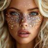 Chica con rostro y cabello iluminados con gel glitter UV biodegradable LumiGlow Pro en tonos neón bajo luz ultravioleta