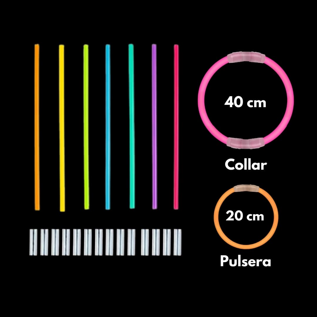 Piezas incluidas en el pack Lumi Flex con 100 pulseras fluorescentes y conectores variados para accesorios luminosos