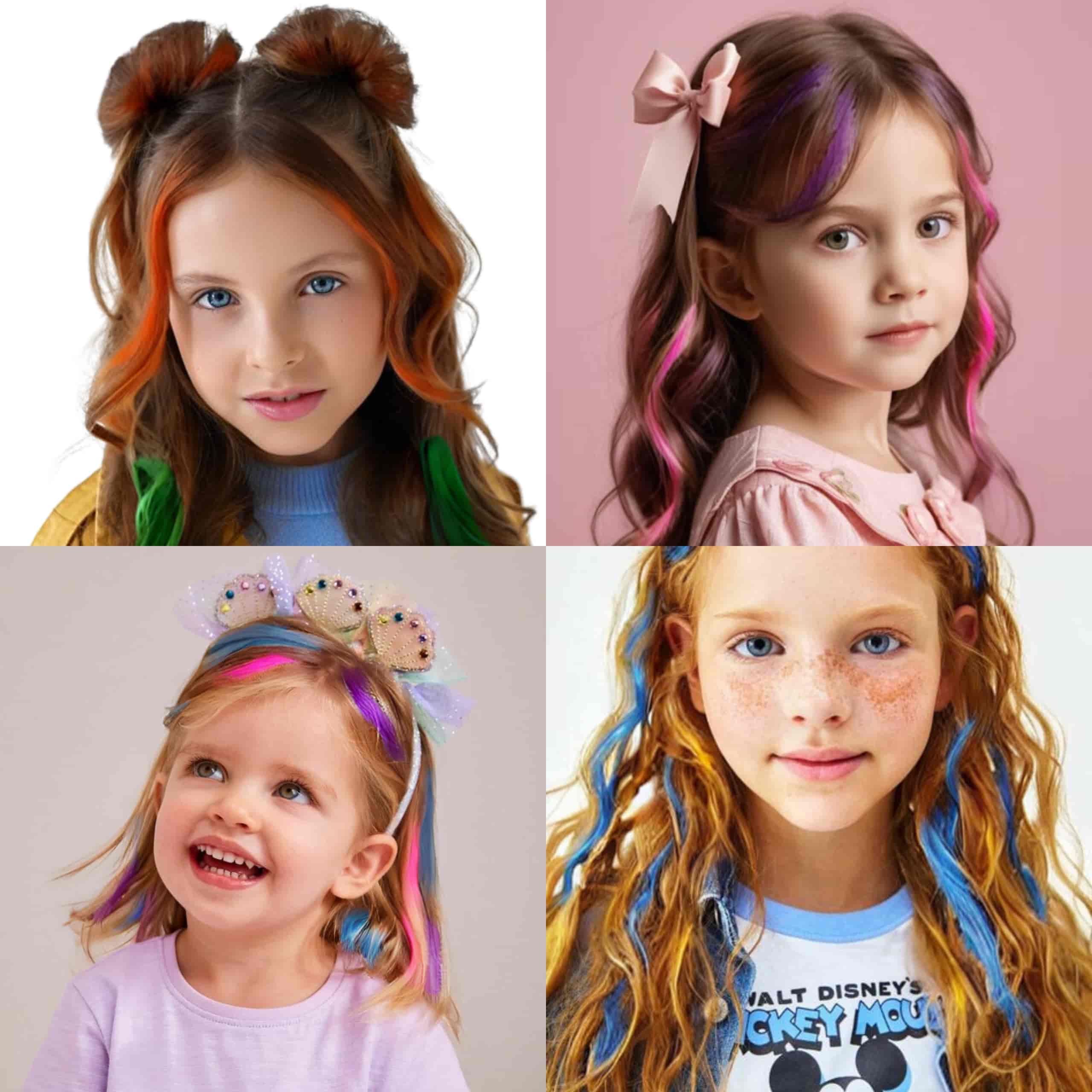 Niños y niñas con el cabello pintado con peines de tinte temporal en colores vivos y lavables
