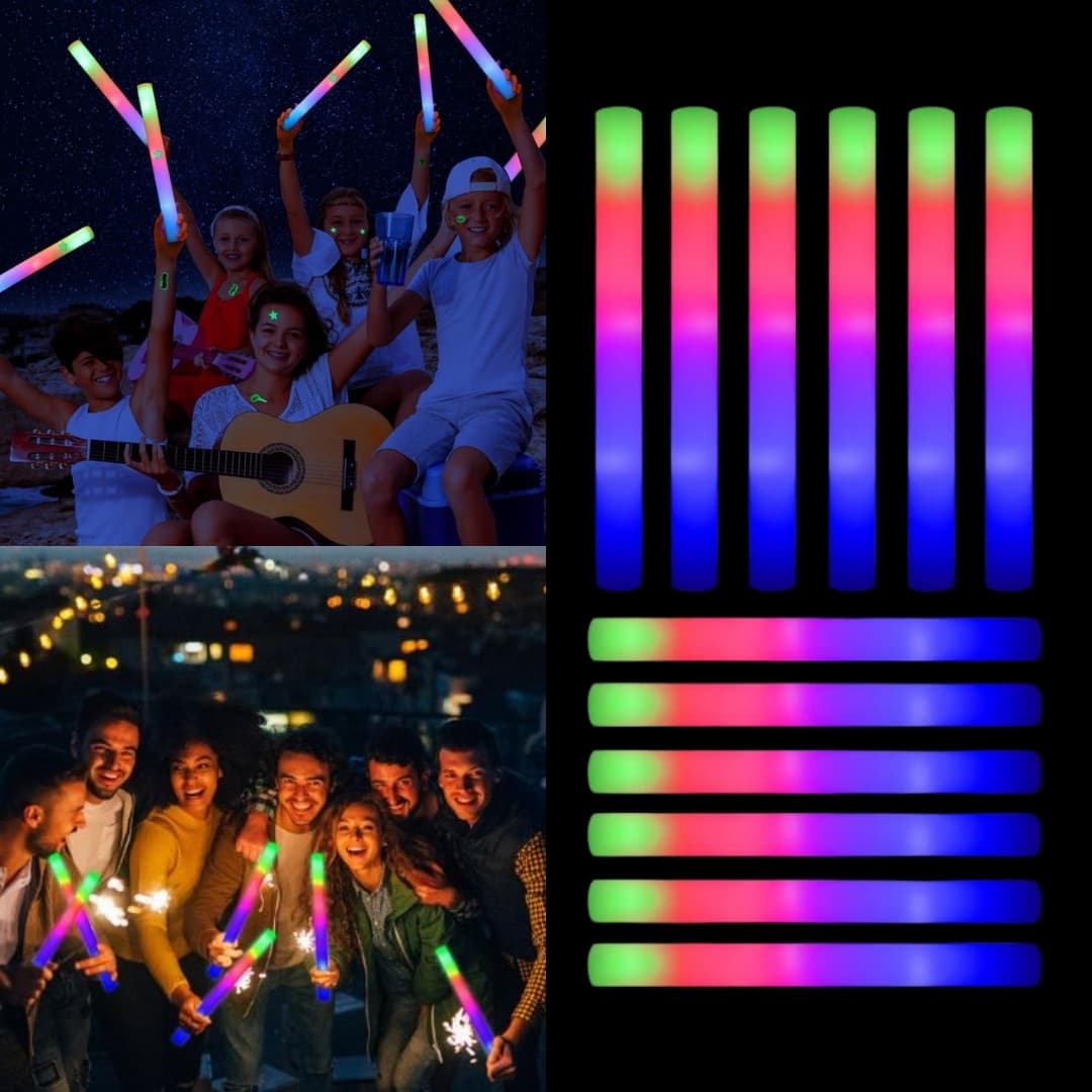 Jóvenes usando Palos de Espuma LED Mega Espuma 50 Jóvenes bailando con palos de espuma LED Mega Espuma 50 encendidos en colores neón durante una fiesta