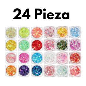 Set LumiGlow Pro de gel glitter UV biodegradable con 24 tonos diferentes presentado sobre fondo blanco