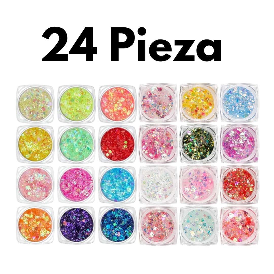 Set LumiGlow Pro de gel glitter UV biodegradable con 24 tonos diferentes presentado sobre fondo blanco