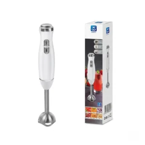 Batidora de mano de 400W con brazo de acero inoxidable y caja de presentación para venta.