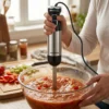 Batidora de Inmersión preparando salsas suaves Persona utilizando batidora de mano potente para triturar una salsa de tomate y verduras frescas en un bol de cristal.