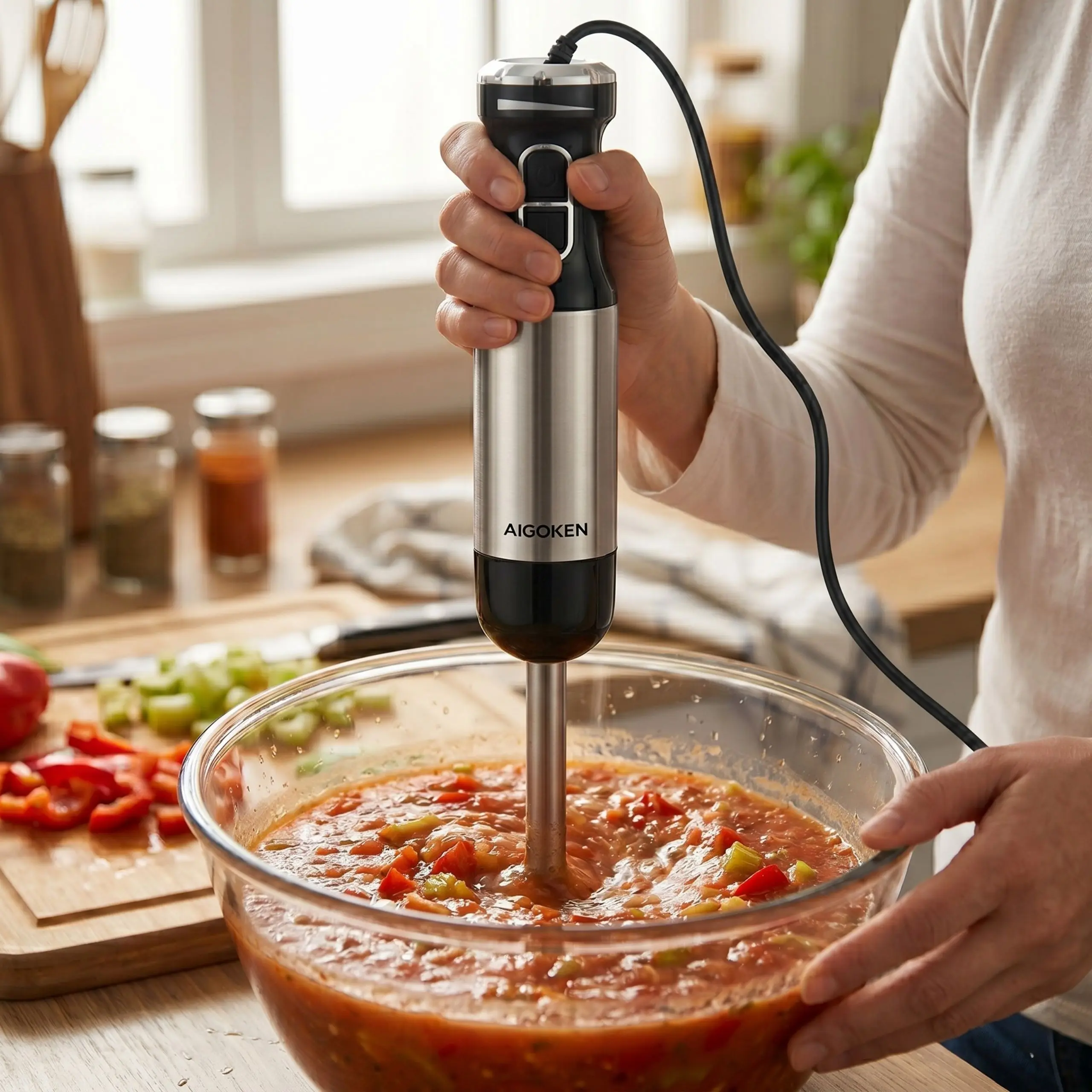 Batidora de Inmersión preparando salsas suaves Persona utilizando batidora de mano potente para triturar una salsa de tomate y verduras frescas en un bol de cristal.
