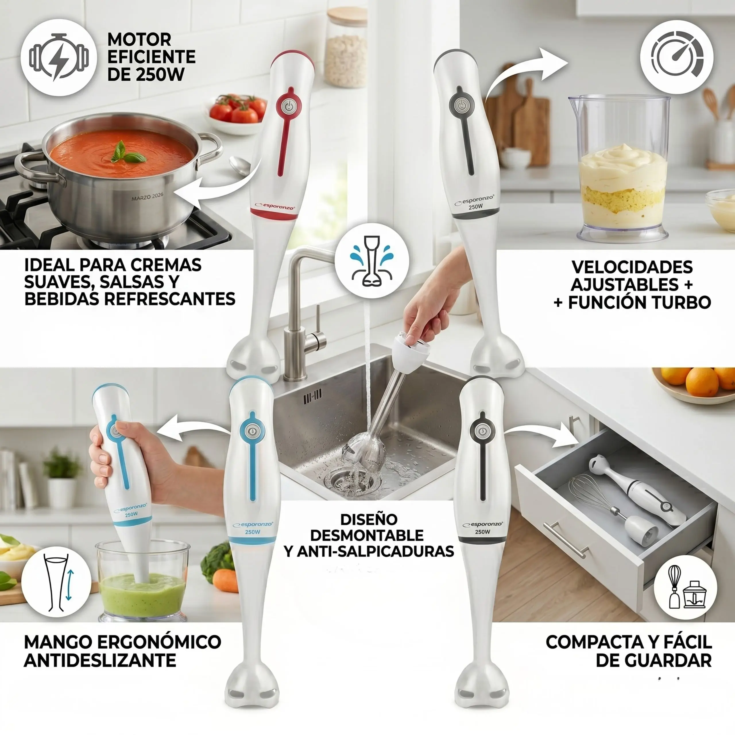 Composición mostrando la batidora siendo lavada bajo el grifo y guardada en un cajón pequeño de cocina.