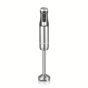 Batidora de mano profesional de 800W en acero inoxidable con control de velocidad ajustable y diseño ergonómico.