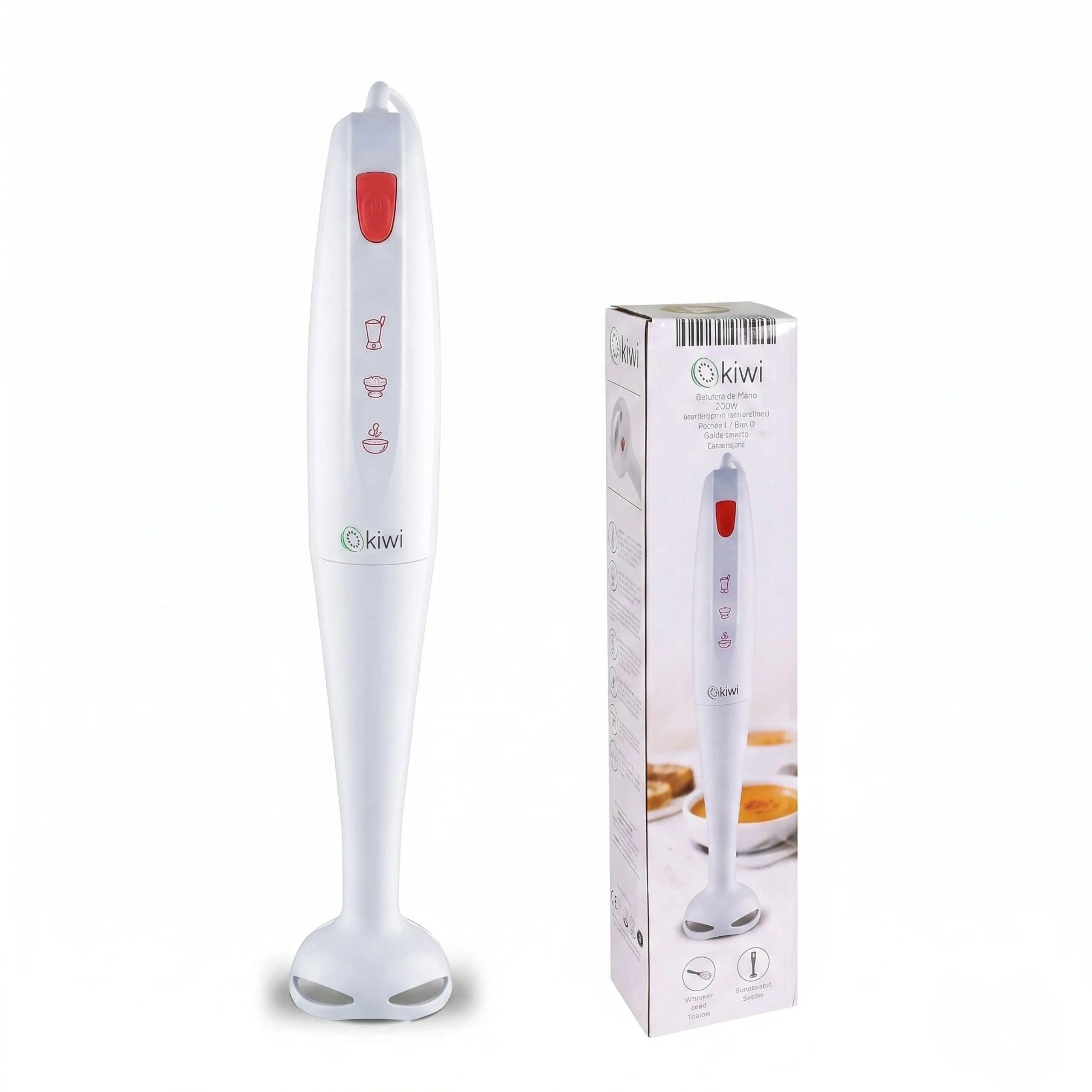 Batidora de mano blanca marca Kiwi de 200W junto a su caja original, destacando su diseño compacto y ligero para cocina.