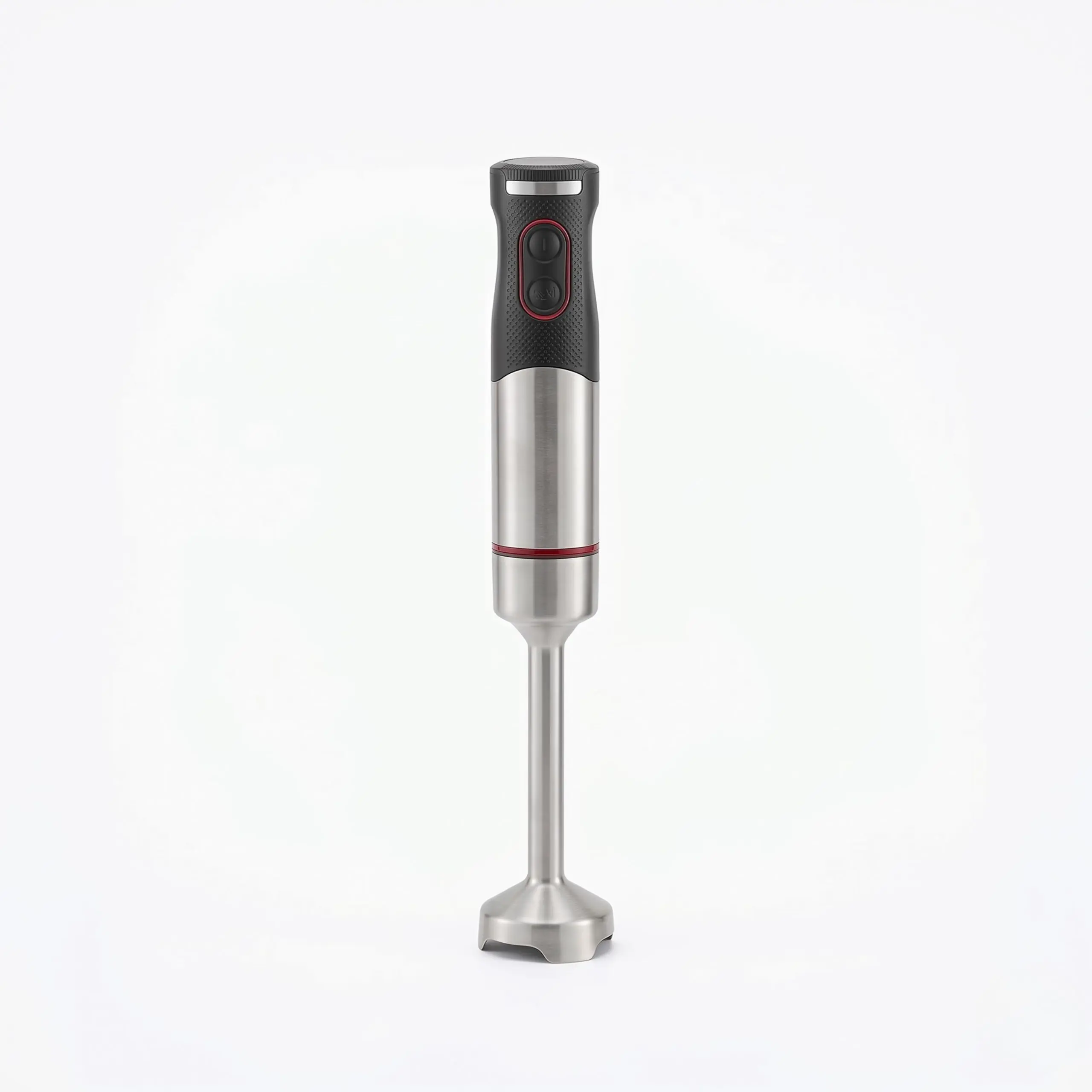Batidora de mano profesional de 1000W en acero inoxidable con diseño ergonómico y cuchillas de alta resistencia.