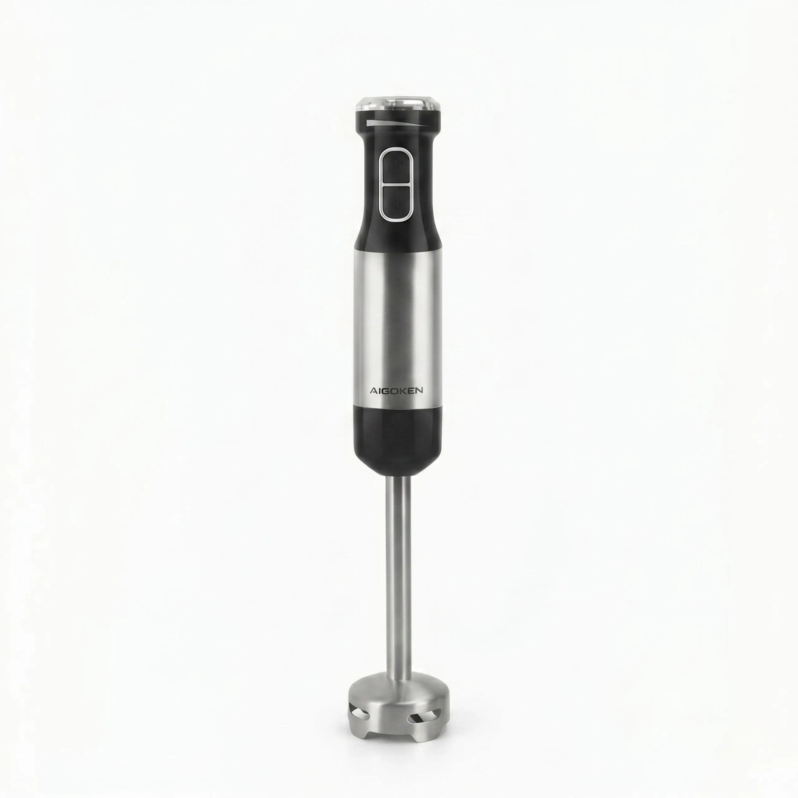 Batidora de Mano AIGOKEN 800W Profesional Batidora de mano profesional de 800W en acero inoxidable con diseño ergonómico y acabados premium sobre fondo blanco.