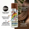 Infografía de laca color marrón destacando beneficios: protección térmica, secado rápido sin residuos y acabado de salón profesional.