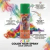 Características y Ventajas del Spray Pelo Verde Infografía del spray de color para el pelo detallando beneficios: color vibrante multitonal, secado rápido, sin goteo y fácil eliminación.