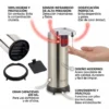 Especificaciones técnicas del dosificador con sensor Infografía de dispensador eléctrico con sensor infrarrojo, base antideslizante y compartimento de pilas para higiene sin contacto.